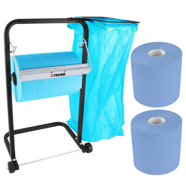 TECPO Bodenständer + Müllsackhalterung + 2 Putztuchrollen 2-lagig, 21 cm Breit