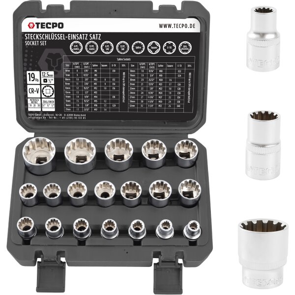 TECPO Universal Steckschlüssel-Satz, SW 8-32 mm, E10-E24, 5/16-1-1/4", 19-teilig