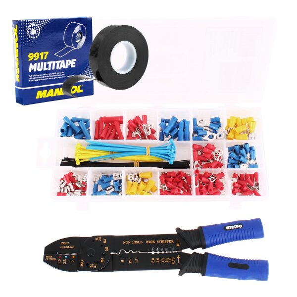 TECPO Crimpzange mit Kabelschuh-Sortiment, 225 mm, 271-teilig + MANNOL Isolierband