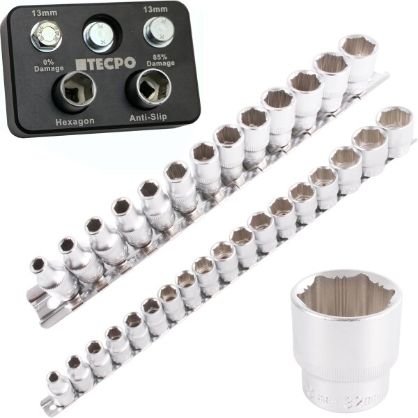 TECPO Anti-Rutsch- Steckschlüssel-Satz, 1/4", 4-14 mm, 13-tlg. + Anti-Rutsch- Steckschlüssel-Satz, 1/2", 8-32 mm, 18-tlg.