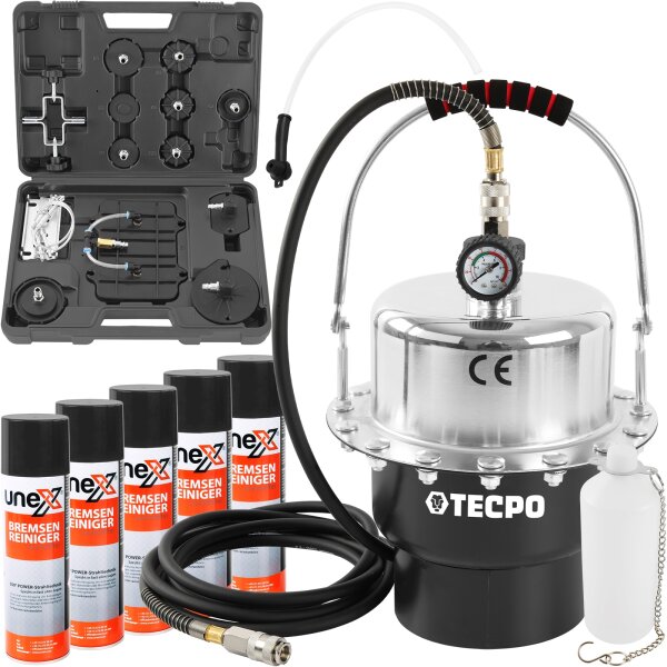 TECPO Druckluft Bremsenentlüftungsgerät + UNEX Bremsreiniger 5x 500 ml