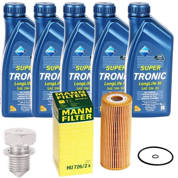 Mann Ölfilter, Schraube + 5 Liter ARAL Super Tronic K Motoröl 5W-30, VW 504.00 507.00