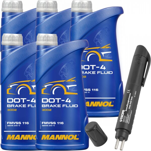 5x MANNOL Bremsflüssigkeit DOT-4, 1L + Bremsflüssigkeitstester