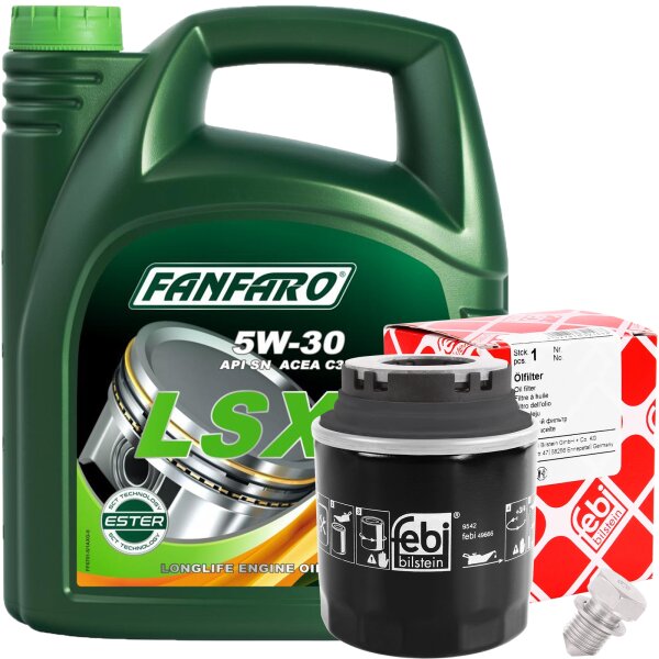 FEBI BILSTEIN Ölfilter + Schraube + FANFARO 5W-30 LSX Longlife III, 5 Liter