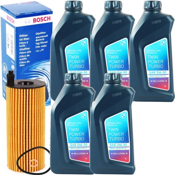BOSCH Ölfilter + Original BMW 0W-30 Twin Power Turbo Longlife-04, 5 Liter