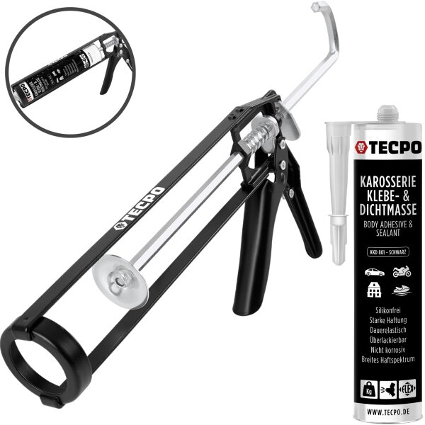 TECPO KKD 801 Karosserie Klebe- und Dichtmasse, 370g + Skelett-Kartuschenpresse