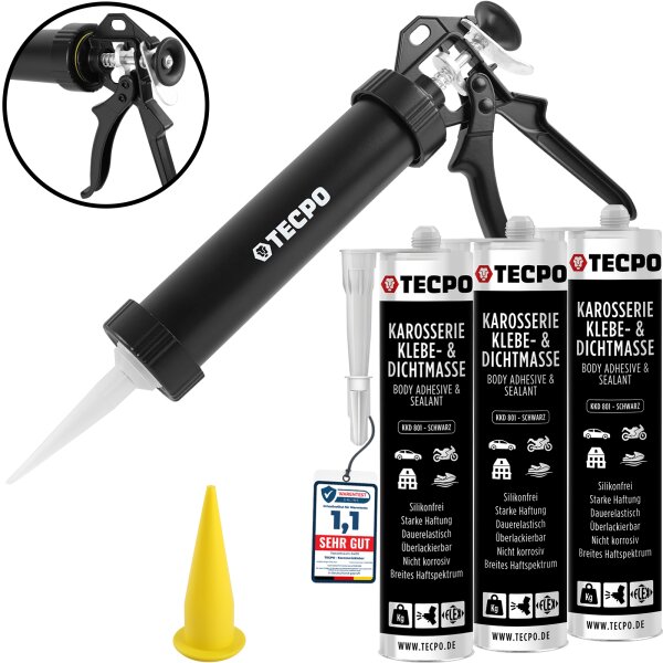3x TECPO KKD 801 Karosserie Klebe- und Dichtmasse, 370g + Alu-Kartuschenpresse