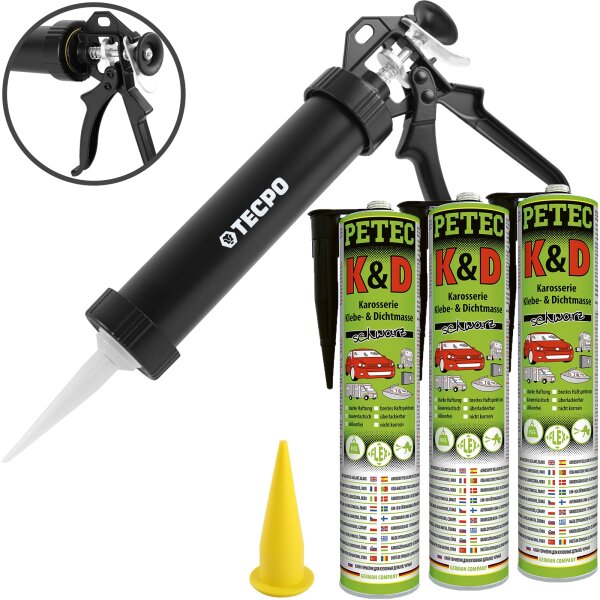 3x PETEC K&D Karosserie Klebe- und Dichtmasse 310 ml schwarz + Alu-Kartuschenpresse