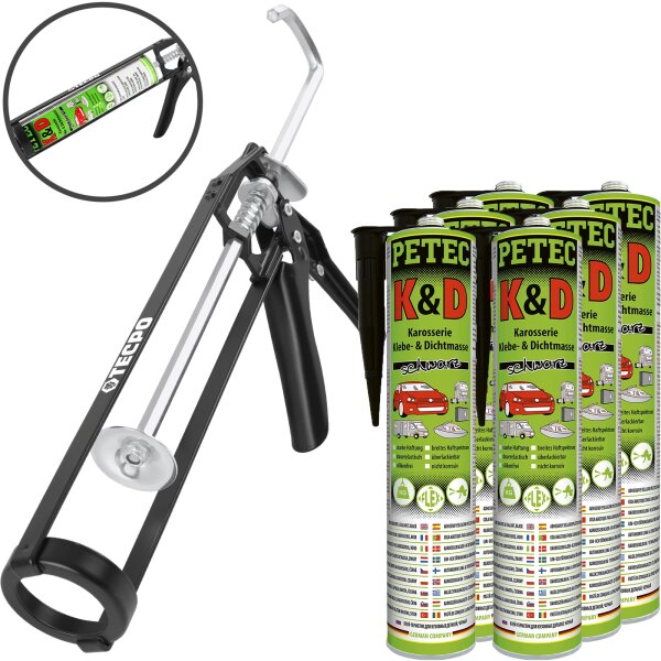 6x PETEC K&D Karosserie Klebe- und Dichtmasse 310 ml schwarz + Skelett-Kartuschenpresse