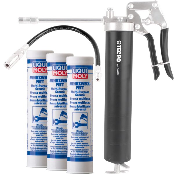 TECPO Einhand-Fettpresse + Panzerschlauch + LIQUI MOLY Mehrzweckfett, 3x400 g