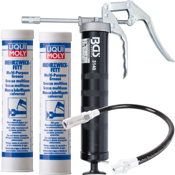 BGS Einhand-Fettpresse + Panzerschlauch + LIQUI MOLY Mehrzweckfett, 2x400 g