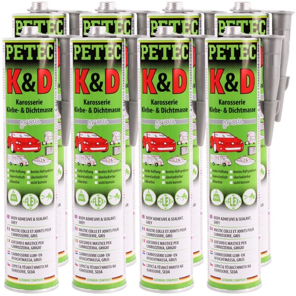 8x PETEC K&D Karosserie Klebe- und Dichtmasse grau, 310 ml