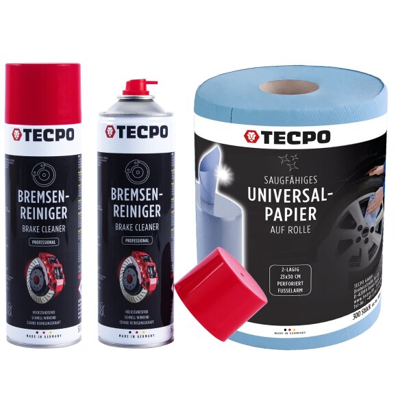 2x TECPO Putzrolle blau 2-lagig, 23x30 cm, MINI-300 + 2x Bremsenreiniger, 500 ml