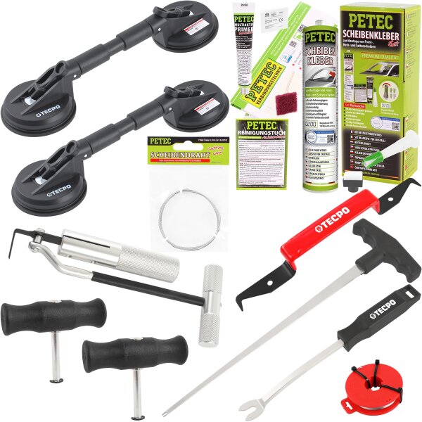 PETEC Scheibenkleber-Set 310mL Kartusche + Scheiben-Reparaturset + Gummi-Doppelsauger + Draht