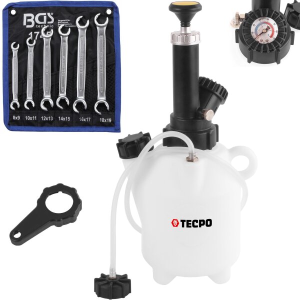 TECPO Bremsenentlüftungsgerät 2 L + BGS Offener Doppel Ringschlüssel Satz, 8-19 mm