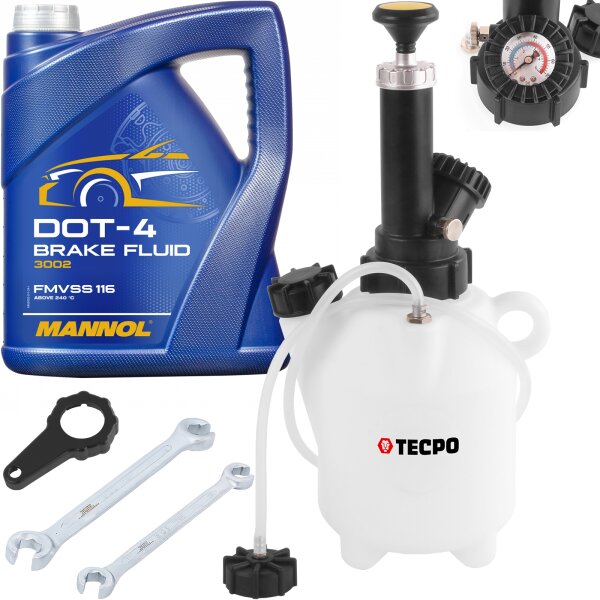 TECPO Bremsenentlüftungsgerät + BGS Offener Doppel-Ringschlüssel-Satz + Bremsflüssigkeit DOT-4, 5 Liter
