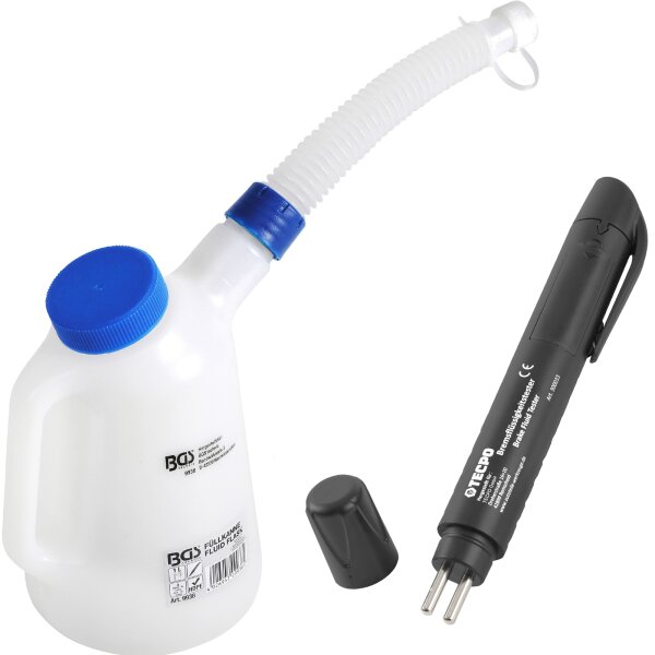 BGS Füllkanne mit flexiblem Ausgussstutzen und Deckel, 1 L + TECPO Bremsflüssigkeitstester