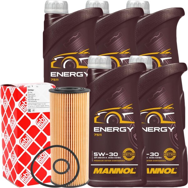FEBI BILSTEIN Ölfilter + MANNOL Energy 5W-30, 5x1L