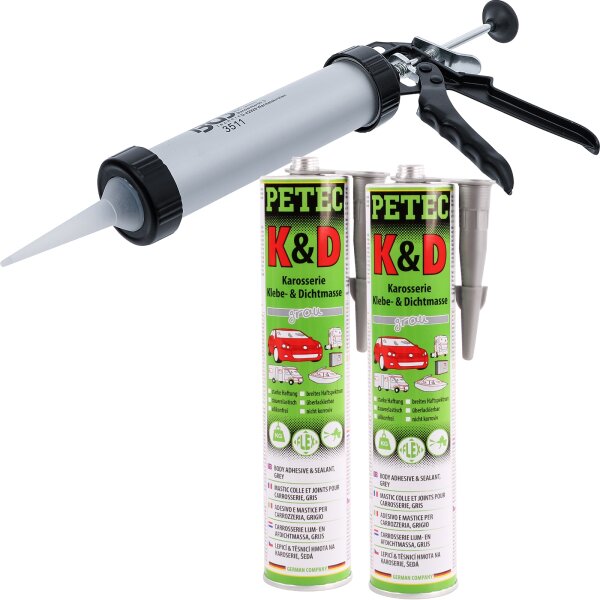 BGS Alu-Kartuschenpresse + PETEC K&D Karosserie Klebe- und Dichtmasse grau, 2x310 ml