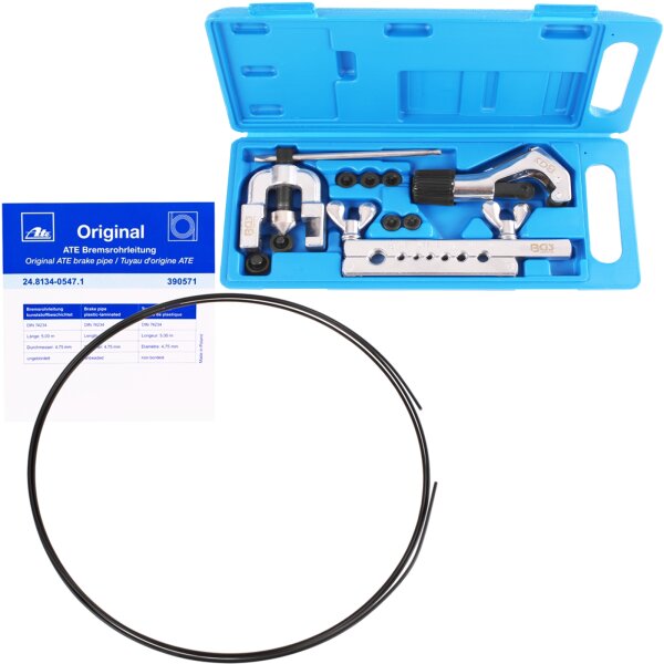 BGS Doppel-Bördelgerät mit Rohrabschneider, 10-tlg. + ATE Bremsleitung 5m Stahlleitung 4.75 mm