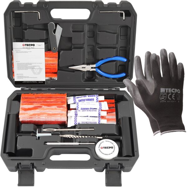 TECPO Reifenreparatur Set, 78-teilig + Mechaniker-Handschuhe, Größe L, 12 Paar