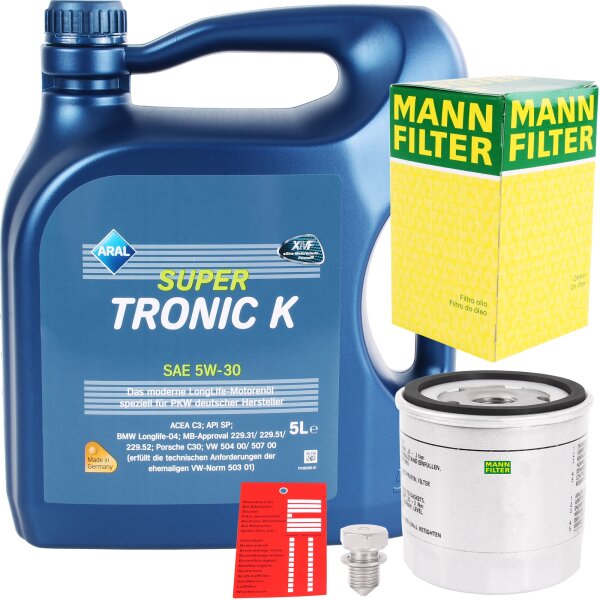 Mann-Filter Ölfilter + Schraube + ARAL Super Tronic K Motoröl 5W-30, VW 504.00 507.00, 5L
