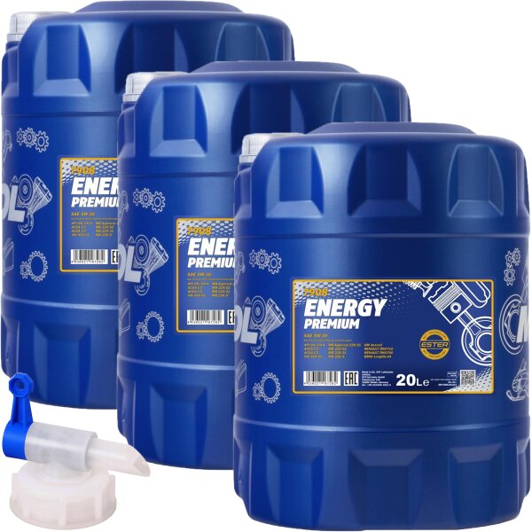 3x MANNOL ENERGY PREMIUM 5W-30, 20L + Hahn