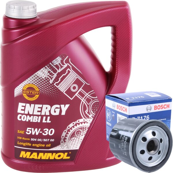 BOSCH F026407176 Ölfilter + MANNOL Energy Combi LL 5W-30 API SN/CF, 5 L