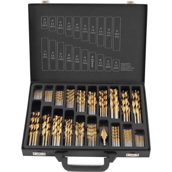 TECPO Spiralbohrer Satz mit Stufenbohrer, HSS Titan nitriert, 1-10 mm, 231-teilig