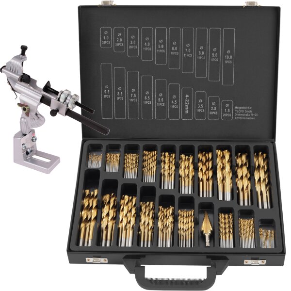 TECPO Spiralbohrer Satz HSS Titan nitriert, 1-10 mm, 231-teilig + BGS ANSCHLEIFVORRICHTUNG