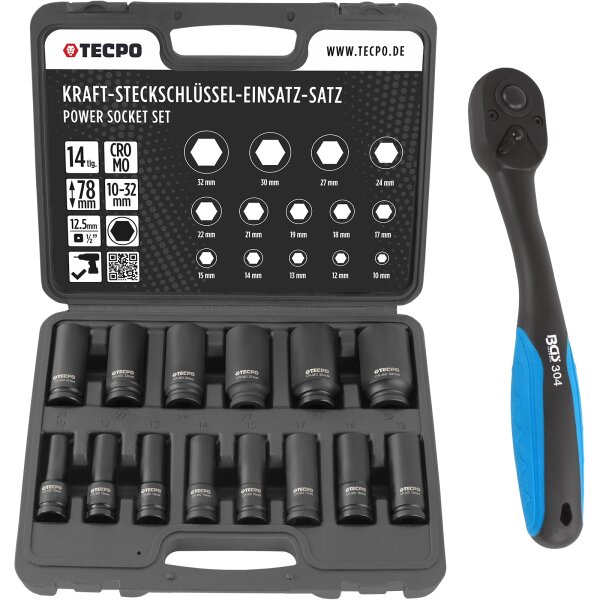 TECPO Kraft Steckschlüssel Satz 1/2" SW 10-32 mm + BGS Umschaltknarre 1/2"