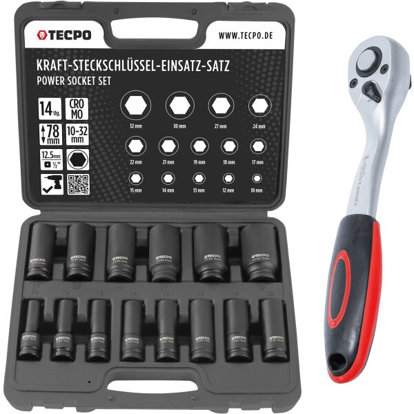 TECPO Kraft Steckschlüssel Satz 1/2" SW 10-32 mm + KRAFTMANN Umschaltknarre | feinverzahnt | 12,5 mm (1/2")
