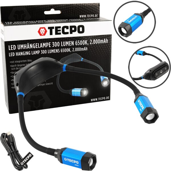 TECPO LED Umhängelampe 300 Lumen 6500K, 2.000mAh Li-lon Akku