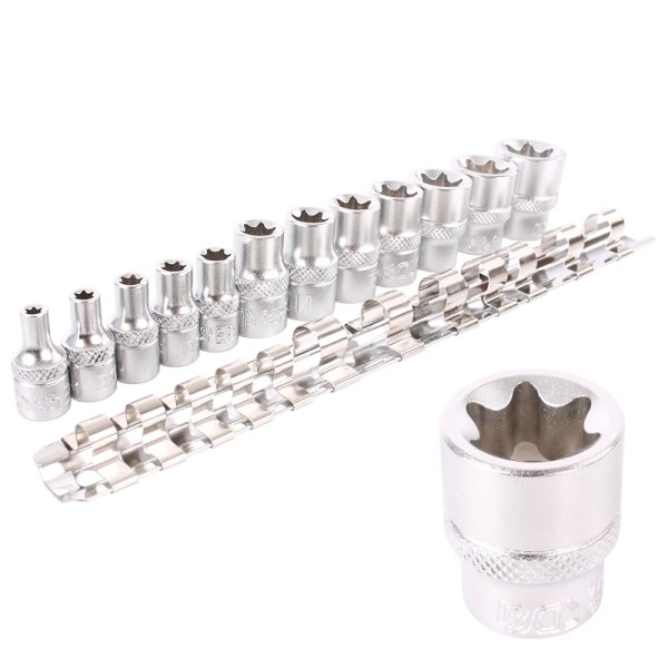 BGS Steckschlüssel-Einsatz-Satz E-Profil | Antrieb Innenvierkant 6,3 mm (1/4") / 10 mm (3/8") | SW E4 - E20 | 12-tlg.